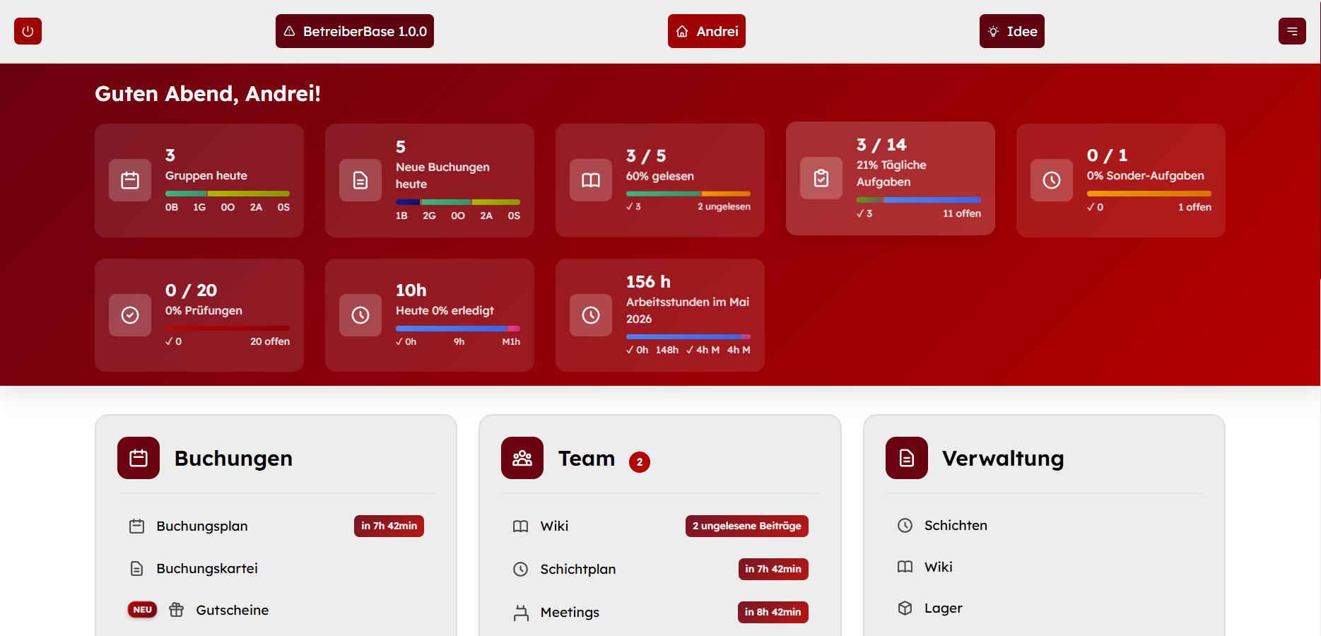 FreizeitManager Pro — Dashboard-Ansicht der Betreiber-Oberfläche