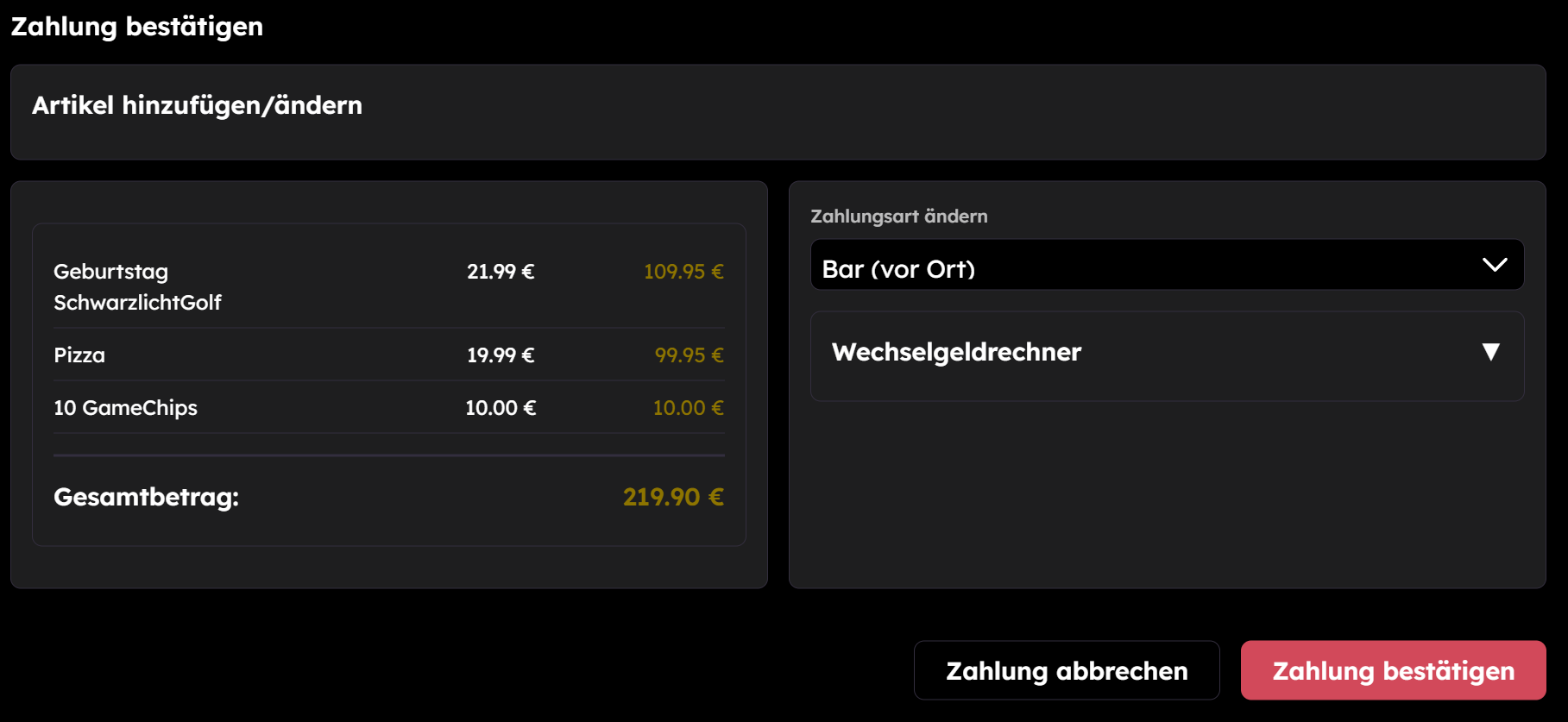 Kasse: Zahlung bestätigen mit Warenkorb und Zahlungsart